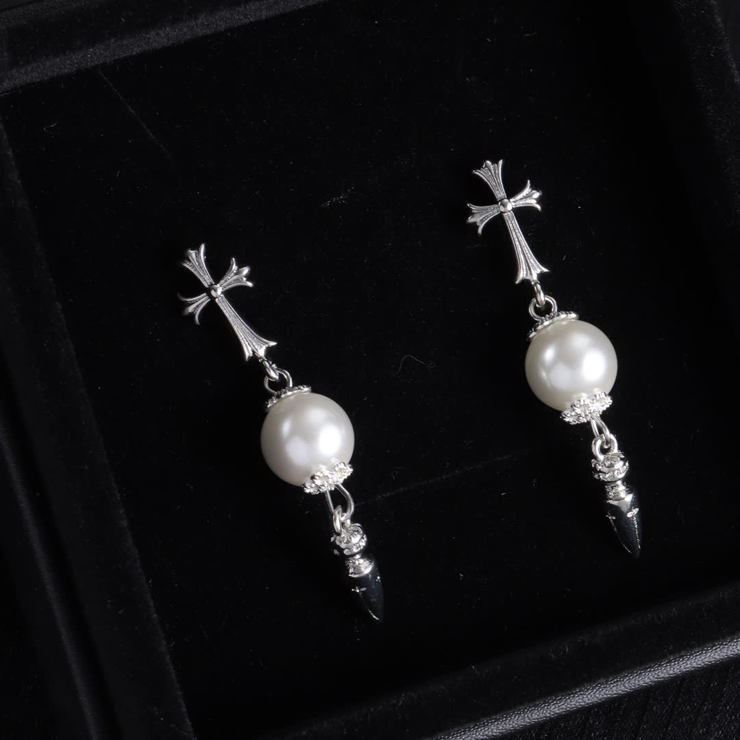 Chrome Hearts Silver Cross and Pearl Earrings